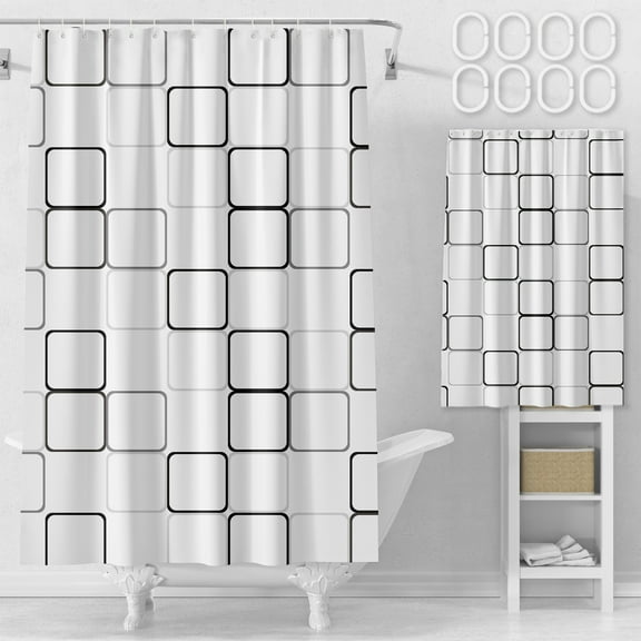 Waterproof Shower Curtain Set with 8 Hooks, Thickened Grid Bathroom Curtain, No Drill Installation, Easy-to-Hang Bathroom or Toilet Partition Curtain