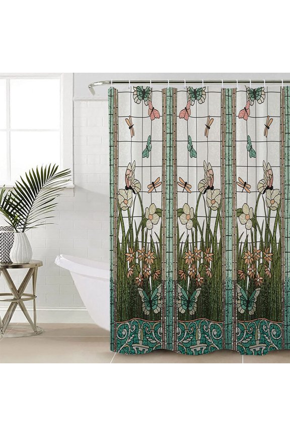 Waterproof Shower Curtain Stained Glass Meadow Flower Dragonfly Print Polyester Fabric Bath Curtain Home Hotel Apartment Bathroom Shower Curtain 70x70inch
