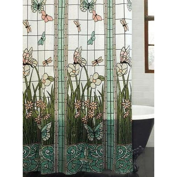 Waterproof Shower Curtain Stained Glass Meadow Flower Dragonfly Print Polyester Fabric Bath Curtain Home Hotel Apartment Bathroom Shower Curtain 72x72IN