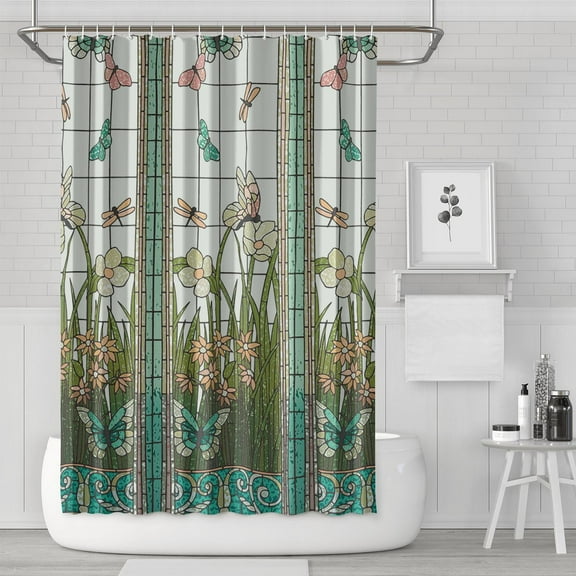 Waterproof Shower Curtain Stained Glass Meadow Flower Dragonfly Print Polyester Fabric Bath Curtain Home Hotel Apartment Bathroom Shower Curtain 72x72IN