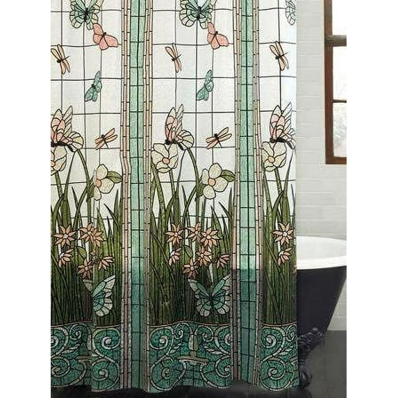 Waterproof Shower Curtain Stained Glass Meadow Flower Dragonfly Print Polyester Fabric Bath Curtain Home Hotel Apartment Bathroom Shower Curtain Long 72x84IN