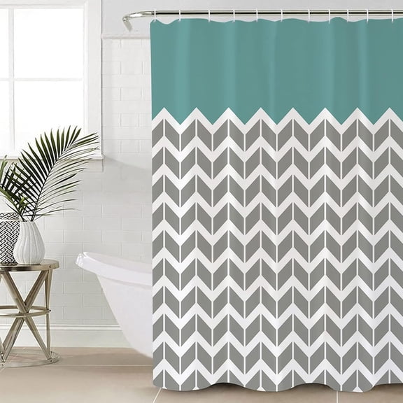 Waterproof Shower Curtain, Teal Geometric Chevron Gray Pattern Polyester Fabric Bathroom Curtains with 12 Hooks, 72" W x 72"H, Striped Classy Turquoise Simple Modern Quick-Drying Bathtub Curtain