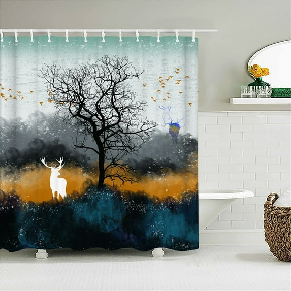 Waterproof Shower Curtain Trees Birch Forest Birds Printed Bath Curtain Polyester Multi-size Decor Shower Curtains With