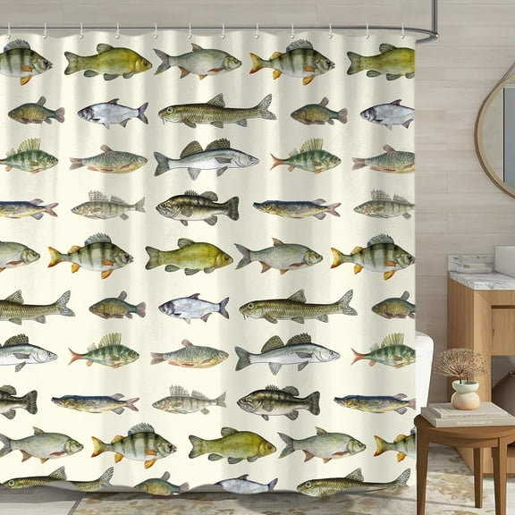 Waterproof Shower Curtain Vintage Fishes Drawing, Country Lake House River Fish Polyester Shower Curtains for Men Bathroom Decorative with Hooks, Lake Fish Bathroom Decor 60"W x 72"L (Pack of 1)