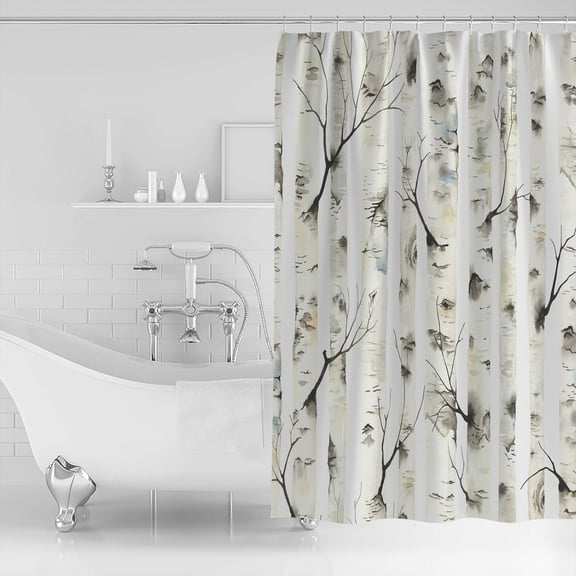 Waterproof Shower Curtain, Watercolor Branches Polyester Fabric Bathroom Curtains with 12 Hooks, 36" W x 72" H, Grey Luxury Botanical Striped Quick-Drying Bathtub Curtain