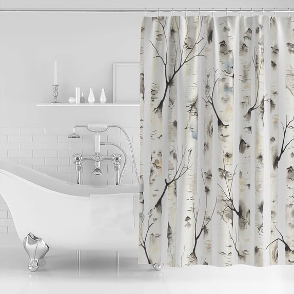 Waterproof Shower Curtain, Watercolor Branches Polyester Fabric Bathroom Curtains with 12 Hooks, 36" W x 72" H, Grey Luxury Botanical Striped Quick-Drying Bathtub Curtain
