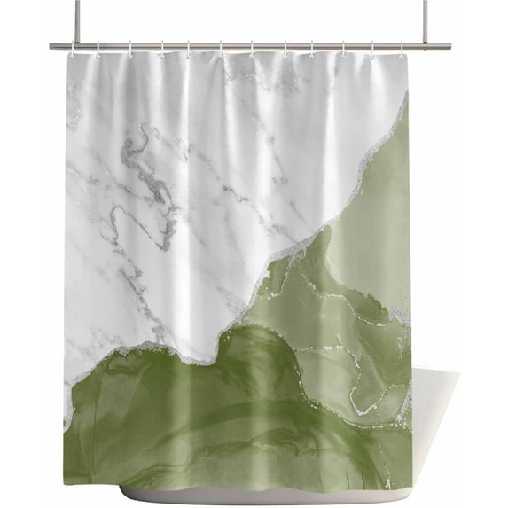 Waterproof Shower Curtain - White Sage Green Marble Texture Bathroom Curtains with Hooks,Silver Line Abstract Art Bathtub Curtain for Shower Stall,36x72 Inch
