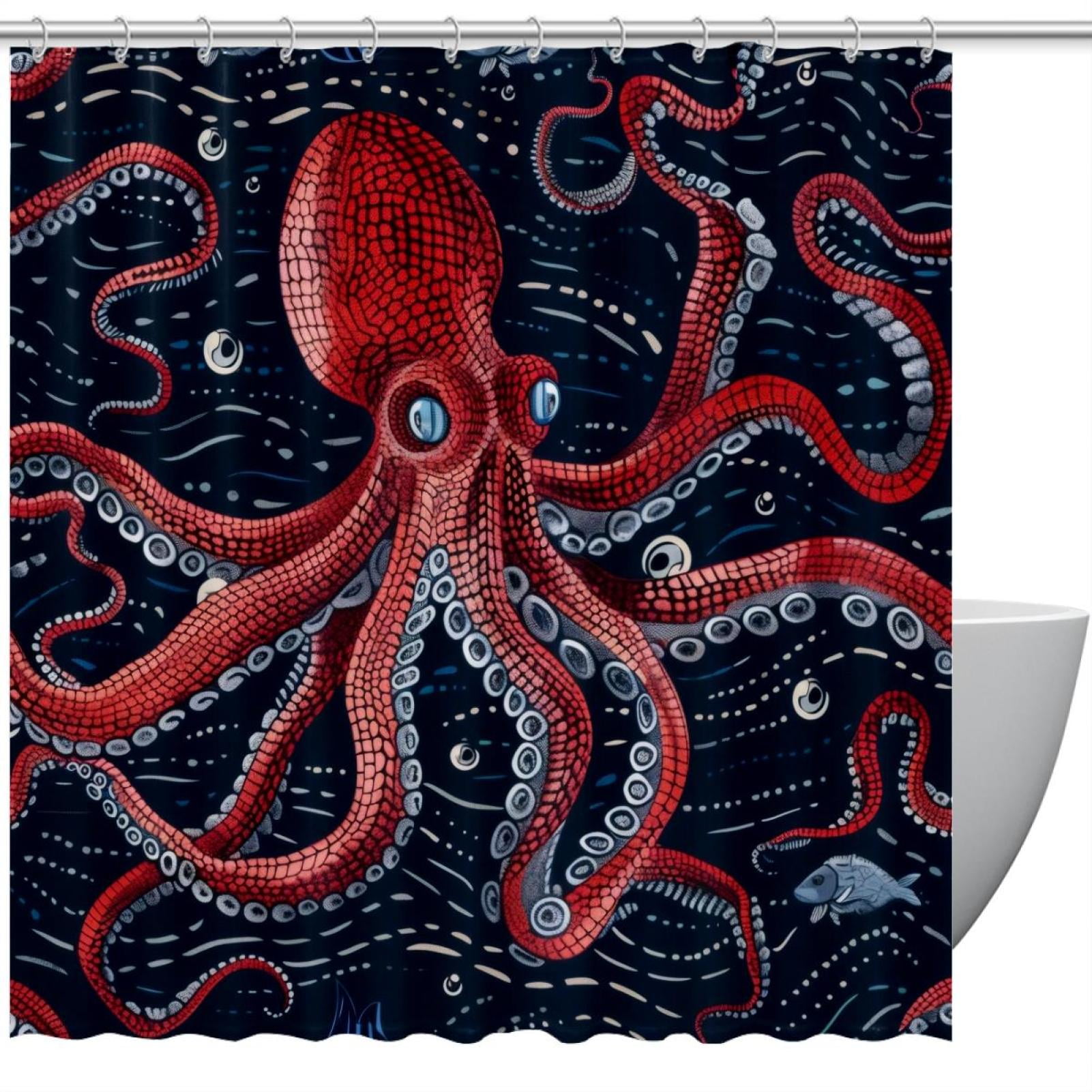 Waterproof Shower Curtains with Hooks, Red Octopus, Washable Durable Polyester Fabric Home Decor