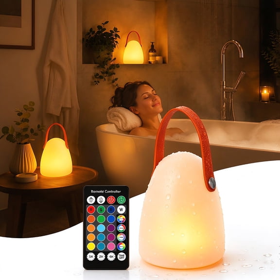 Waterproof Shower Lamp, 16 Colors Bathroom Lamp with Remote Control, Rechargeable Table Lamp for Inside Shower, Cordless Hanging Night Light for Outdoor, Bedroom, Camping, Restaurant