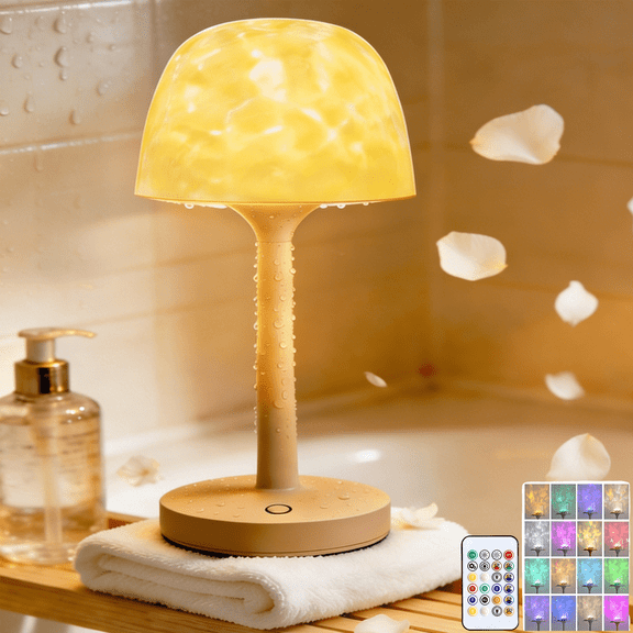 Waterproof Shower Lamp with Ocean Wave Projector, Rechargeable Cordless Bathroom Light, 16 Color Changing LED Mood Light with Touch and Remote Control for Bathtub, Spa and Room Decor