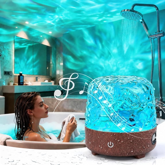 Waterproof Shower Light with Bluetooth Speaker, 16 Colors Changeable Shower Lamp for Inside Shower, Dimmable Ocean Wave Projector Light with Remote, LED Night Light for Bathroom, Bedroom, Walnut Wood