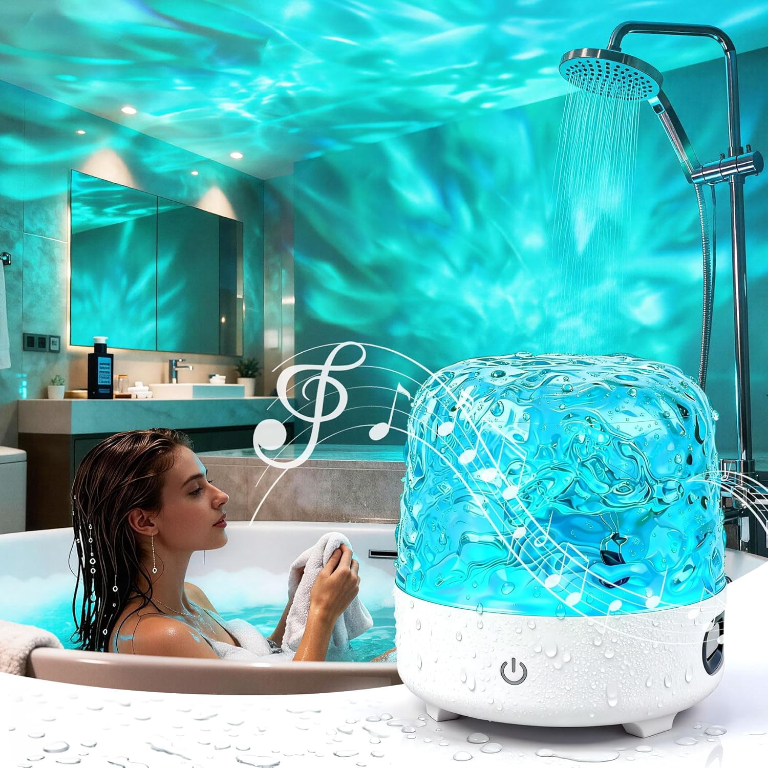 Waterproof Shower Light with Bluetooth Speaker, 16 Colors Changeable Shower Lamp for Inside Shower, Dimmable Ocean Wave Projector Light with Remote, LED Night Light Lamp for Bathroom, Bedroom Decor