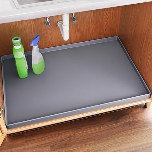 Waterproof Under Sink Mat 34" x 22" Shelf Liner for Kitchen and Bathroom, Cabinet Protector, Organizers and Storage, Flexible Silicone Drip Tray Dark Gray,34" x 22"