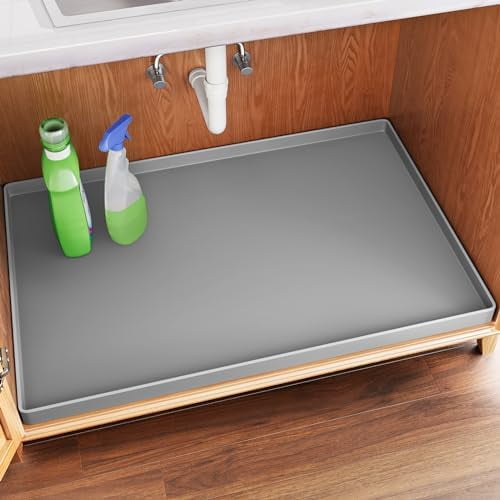Waterproof Under Sink Mat 34" x 22" Shelf Liner for Kitchen and Bathroom, Cabinet Protector, Organizers and Storage, Flexible Silicone Drip Tray Light Gray,22"W x 34"L