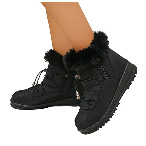 Waterproof Snow Boots for Women Lace up Double Zipper Furry Lined Winter Booties Platform Soft Sole Stitching Ankle Boots