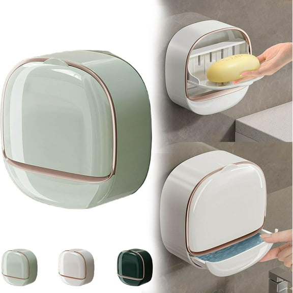 Waterproof Soap Dish with Drainage Box,2025 New Soap Dish Holder with Lid,Wall Mounted Drain Soap Box with Flip Lid,NO-Drilling Soap Dish Holder for Kitchen Sink,Bathroom,Bathtub