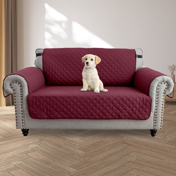 Waterproof Sofa Cover for Loveseat, Reversible Couch Slipcover with Elastic Straps, Non-Slip Quilted Furniture Protector for Pets Kids, Burgundy