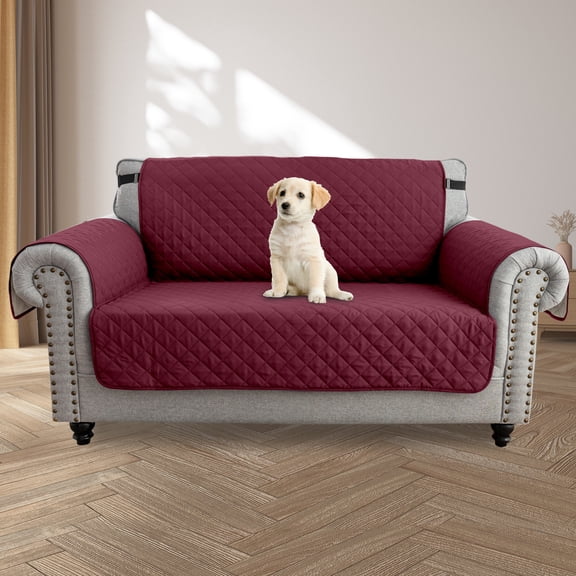Waterproof Sofa Cover for Loveseat, Reversible Couch Slipcover with Elastic Straps, Non-Slip Quilted Furniture Protector for Pets Kids, Burgundy