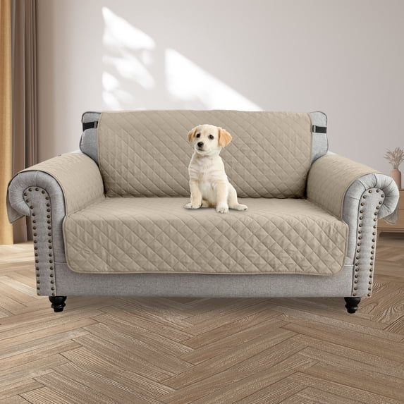 Waterproof Sofa Cover for Loveseat, Reversible Couch Slipcover with Elastic Straps, Non-Slip Quilted Furniture Protector for Pets Kids, Khaki