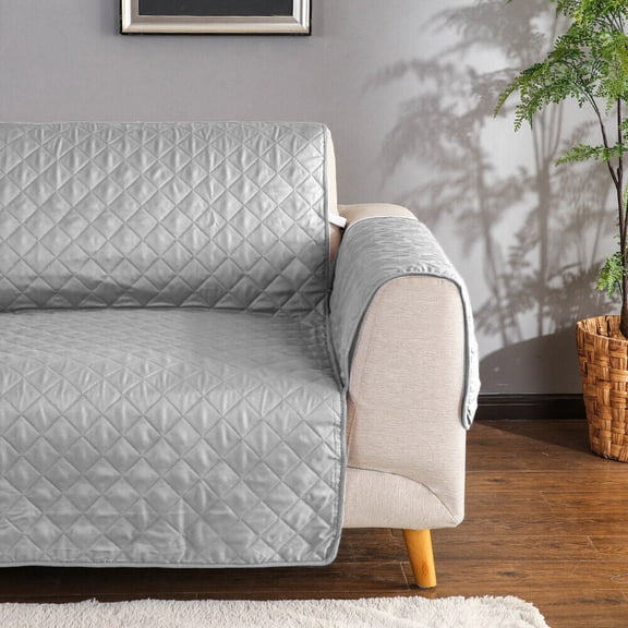 Waterproof Sofa Cover with Elastic Strap, Quilted Furniture Protector Gray Sofa Slipcover for Children Pets for 2 Seaters