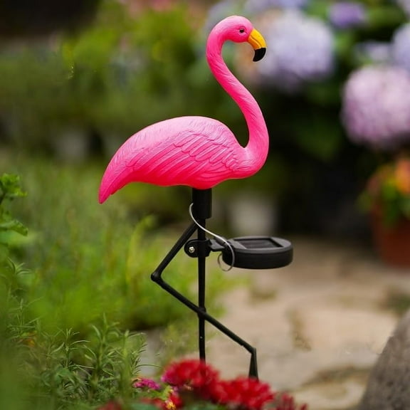 Waterproof Solar Flamingo Garden Light, Durable Blow Molded Yellow Beak and red Body Flamingo Shape, Bird feet and Ground Plug Removable