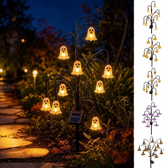 Waterproof Solar Halloween Multi-Branch Stake Lights, Ghost Pumpkin Garden Pathway Lights, Outdoor Decorative LED Lamp for Yard, Walkway, Patio, Lawn & Holiday Display, E