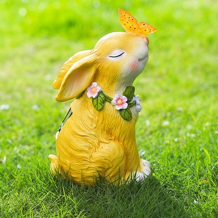 Waterproof Solar Powered Garden Statue Rabbit Figurine Sculpture Ornament for Patio Lawn Pathway Decor , Yellow