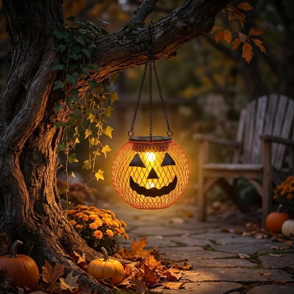 Waterproof Solar Powered Jack O Lantern Pumpkin Hanging Light, Metal Mesh Pumpkin Solar Lamp for Garden Porch Tree Halloween Holiday Decor