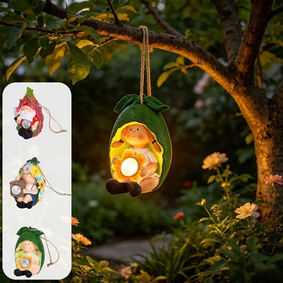 Waterproof Solar Powered Resin Fruit Man Garden Statue Lamp, LED Light Up Hanging Yard Ornament, Whimsical Luminous Decor For Garden Tree, Terrace Path And Outdoor Courtyard Layout