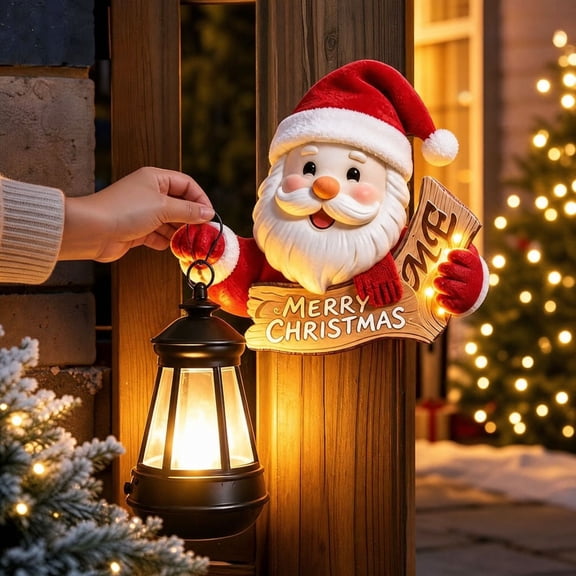 Waterproof Solar Powered Santa Hanging Lantern, Resin Merry Christmas Sign, Warm Glow Decorative Garden Lights, Outdoor Solar Lights Christmas Decorations for Yard Fence Porch Patio Gate Window