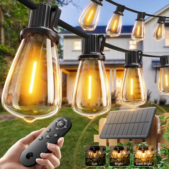 (48+4) FT Solar String Lights Waterproof,Patio Lights Solar Powered with Remote & USB Port 16+1 LED Shatterproof Bulbs 3 Light Modes, Dimmable Solar Light for Camping Backyard Garden