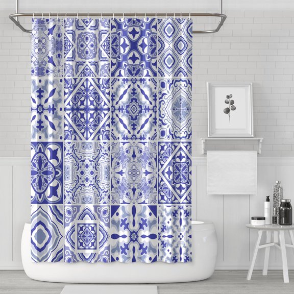 Waterproof Splicing Plaid Pattern Shower Curtain 72x72 Inch Boho Style Polyester Unique Shower Curtain for Bathroom Hotel Home Decor with 12 Plastic Hooks