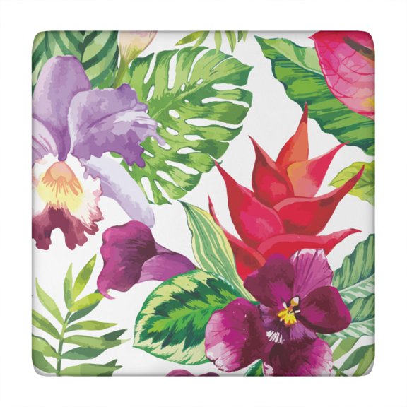 Waterproof Square Tablecloth Fitted with Elastic Edge, Exotic Floral and Botanical Jungle Leaves Designs, Durable Vinyl with Backing for Indoor and Outdoor Use