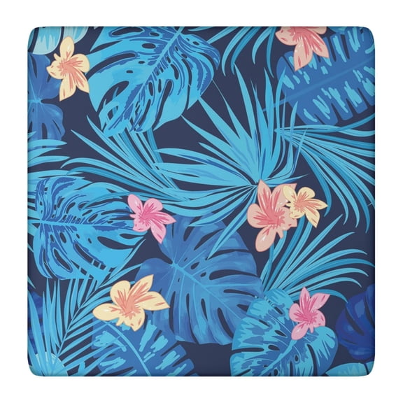 Waterproof Square Tablecloth Fitted with Elastic Edge, Features Retro Hawaiian Floral and Palm Inspired Designs, Durable Vinyl with Backing for Secure Fit and Table Protection
