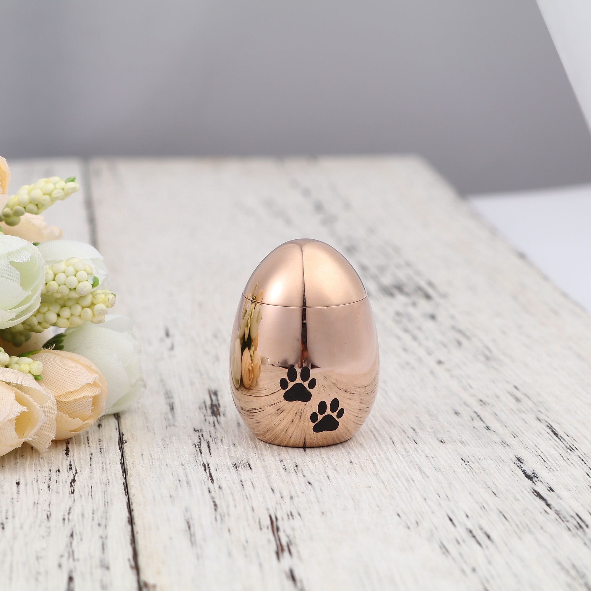 Waterproof Stainless Steel Small Rose Gold Pet Cremation Urn for Ashes Holder Handcrafted Paw Print Memorial Ash Container Keepsake with Free Gift Pouch