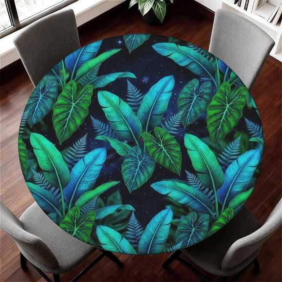 Waterproof Stretch Fitted Round Tablecloth with All Around Elastic Edge, Tropical Fern Banana Leaf on Starry Night Pattern Table Cover Fits 48"-52" Round Tables, Indoor Outdoor Use for Dinner, Picnic