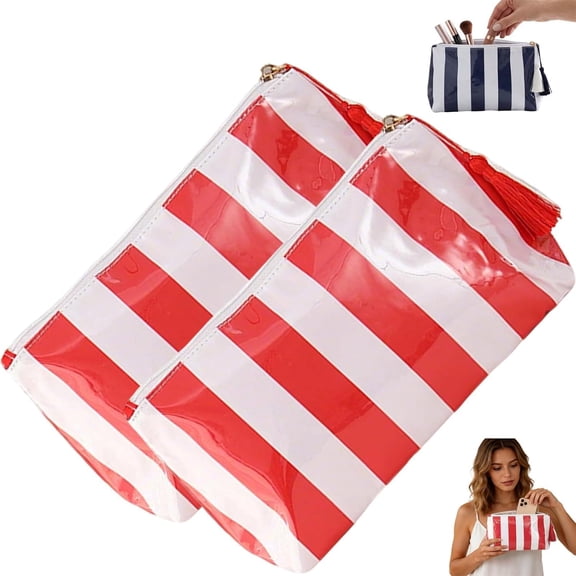 Waterproof Striped PVC Embroidered Makeup Bag Large Portable Travel Toiletry Pouch For Women Beach Pool Daily Storage (Red-2 Pcs)