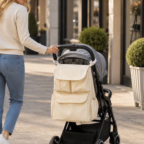 Waterproof Stroller Organizer Caddy, Multi Pocket Oxford Storage Bag, Adjustable Hook Strap for Daily Use, Baby Buggy Accessories for Diaper & Phone, Beige
