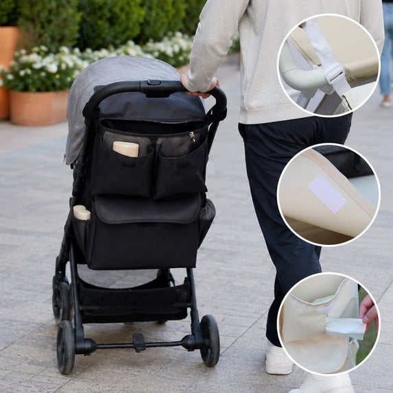 Waterproof Stroller Organizer Caddy, Multi Pocket Oxford Storage Bag, Adjustable Hook Strap for Daily Use, Baby Buggy Accessories for Diaper & Phone, Black