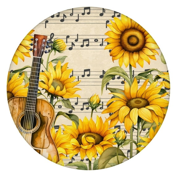 Waterproof Sunflower Print Round Tablecloth with Elastic Edge, Soft Polyester Fabric for Indoor and Outdoor Use, Fits 44-52 Inch