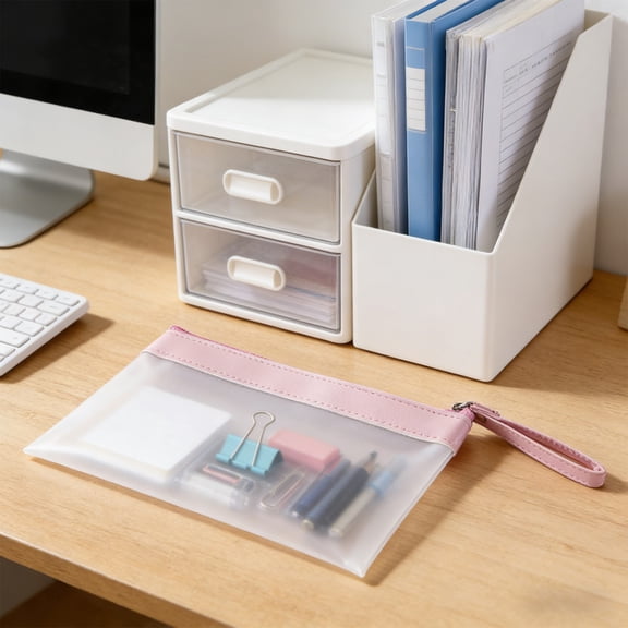 Waterproof TPU Zipper File Bag A6 – Clear Frosted Document Pouch with Handle Strap for Office Papers, School Homework, Travel Documents and Stationery Storage