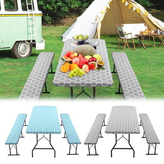 Waterproof Table Cover, Outdoor Courtyard Picnic Tablecloth Three Piece Set, Back Flannel Elastic Table Cover, Durable Weatherproof Shield for Outdoor Furniture and Picnic Tables Use, by UKHCCC