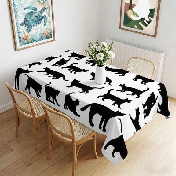 Waterproof Tablecloth Abstract Black Cat Silhouette Rectangle Table Cloth 60x84in,Wipeable Washable Table Cover Modern Farmhouse Animal Style Tablecloths for Dining Tables Kitchen Picnic Ourdoor