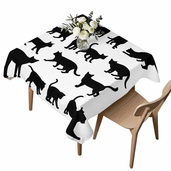 Waterproof Tablecloth Abstract Black Cat Silhouette Square Table Cloth 54x54in,Wipeable Washable Table Cover Modern Farmhouse Animal Style Tablecloths for Dining Tables Kitchen Picnic Ourdoor