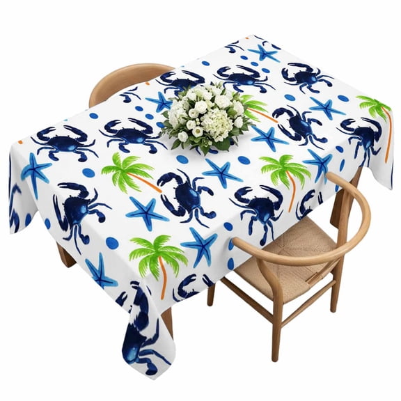 Waterproof Tablecloth Abstract Blue Crab Starfish Rectangle Table Cloth 60x120in,Wipeable Washable Table Cover Watercolor Palm Tree Tablecloths for Dining Tables Kitchen Picnic Camping Ourdoor