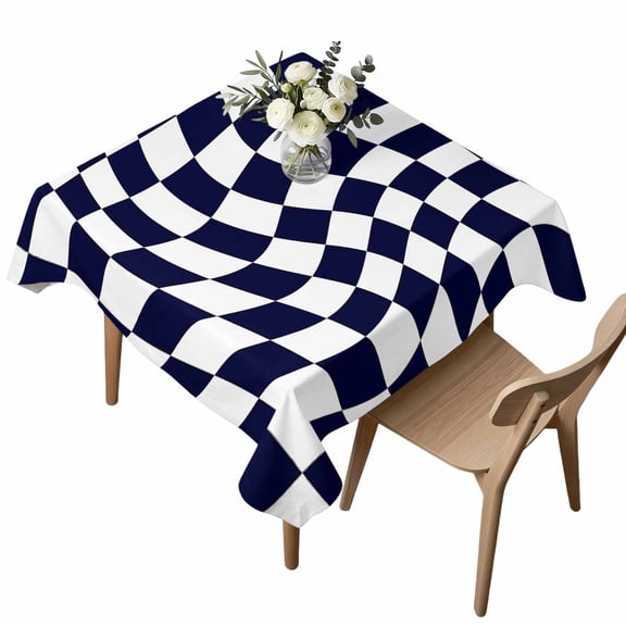 Waterproof Tablecloth Abstract Illusion Aesthetic Grid Art Square Table Cloth 54x54in,Wipeable Washable Table Cover Distorted Navy Blue White Lattice Tablecloths for Dining Tables Kitchen Picnic