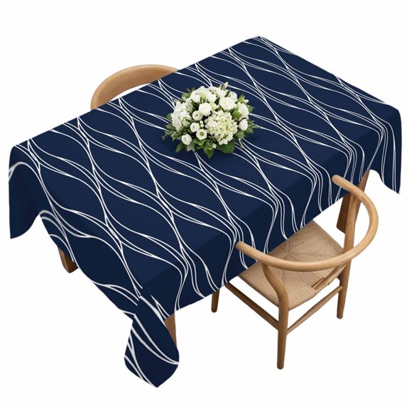 Waterproof Tablecloth Abstract Navy Blue Waves Line Rectangle Table Cloth 60x120in,Wipeable Washable Table Cover Classic White Striped Wavy Tablecloths for Dining Tables Kitchen Picnic Ourdoor
