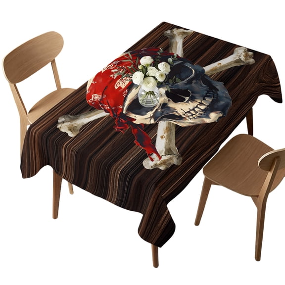 Waterproof Tablecloth Abstract Punk Pirate Skull Rectangle Table Cloth 52x70in,Wipeable Washable Table Cover Crossbones on Brown Wood Board Tablecloths for Dining Tables Kitchen Picnic Ourdoor