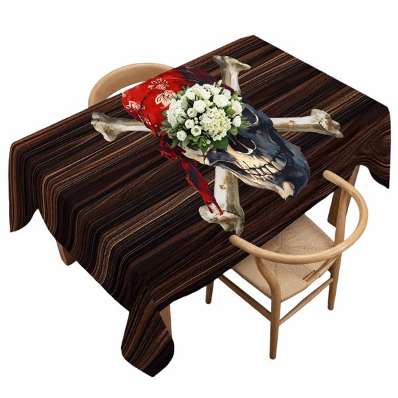 Waterproof Tablecloth Abstract Punk Pirate Skull Rectangle Table Cloth 60x120in,Wipeable Washable Table Cover Crossbones on Brown Wood Board Tablecloths for Dining Tables Kitchen Picnic Ourdoor