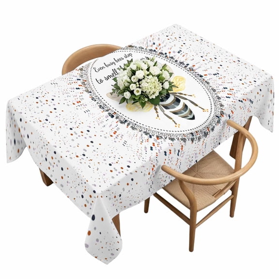 Waterproof Tablecloth Abstract Wave Point Bee Texts Rectangle Table Cloth 60x120in,Wipeable Washable Table Cover Wild Animal Honeybee on White Tablecloths for Dining Tables Kitchen Picnic Ourdoor